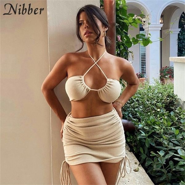 

nibber solid cleavage 2 piece set women backless halter midnight bandage drawstring skirt clubwear club matching set 220602, White