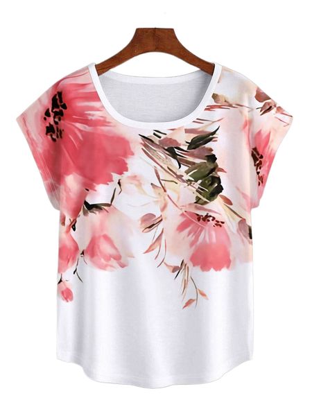 

floral print batwing sleeve tee m3fl#, White