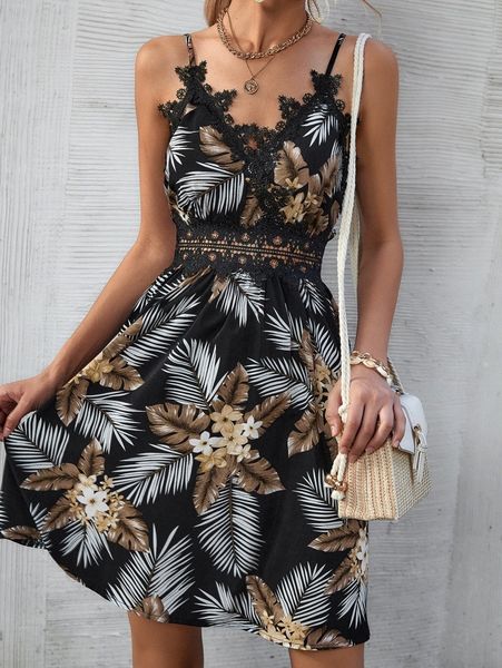 

tropical print guipure lace insert cami dress y5mo#, Black;gray