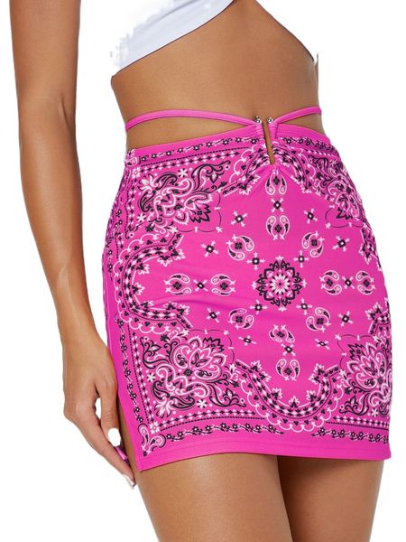

paisley print self-tie vented mini skirt b65k#, Black