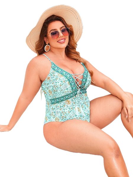 

plus floral print tassel lace up front one piece swimsuit e98n#, White;black