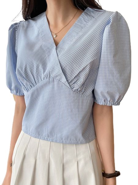

dazy plaid puff sleeve v-neck blouse y0fw#, White