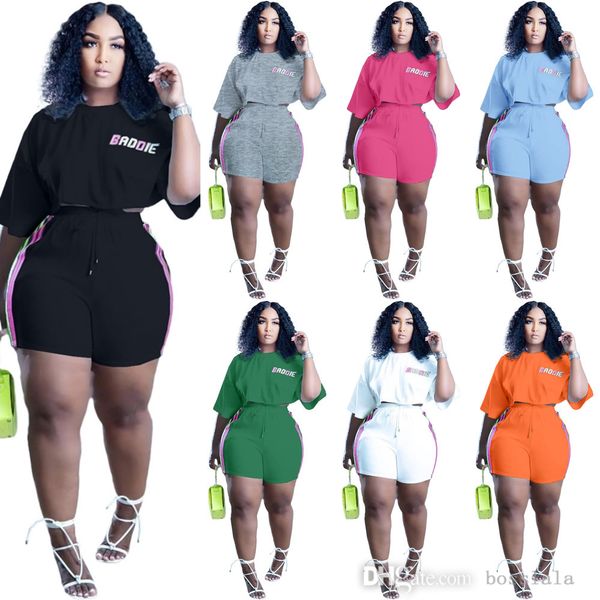 

womens larger tracksuits 2 pieces set designer stripe printed bat sleeve t-shirt shorts sports suits summer casual sportwear, Gray
