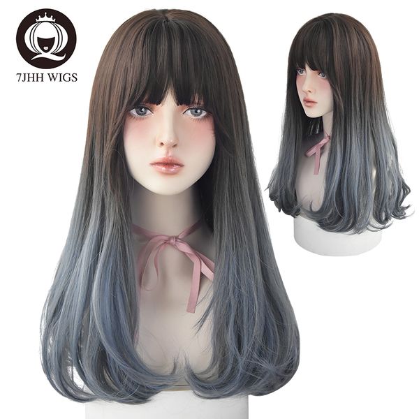 

lx brand daily wear ombre blue black synthetic wig with bang for girls 22 inches wigs fashion heat resistant fluffy natural hairfactory dire