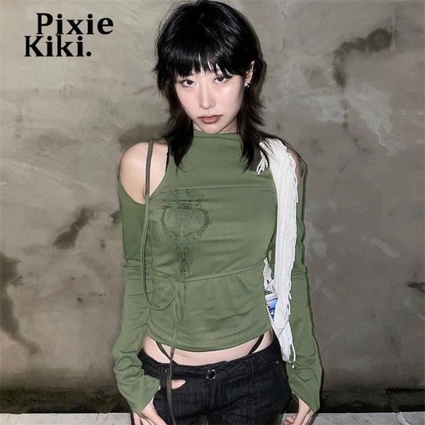 Pixiekiki Y2K Aesthetik Kesme Uzun Kollu Üst Seksi Moda Soğuk Omuz Lace Up Grafik T Shirt Harajuku Streetwear P85-BD18 220408