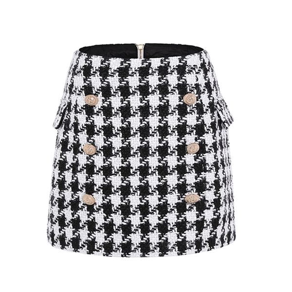 

new fashion runway designer skirt women's metal lion buttons embellished houndstooth tweed mini skirt t200324, Black