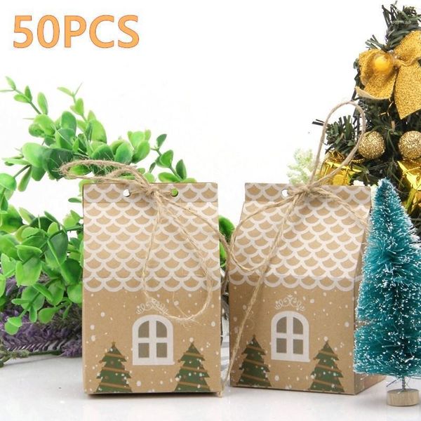 Geschenkpapier 50 Stück Kraftpapier Hausform mit Seilen Süßigkeitentüten Keksverpackungsboxen Weihnachtsbaum Anhänger Dekorationen