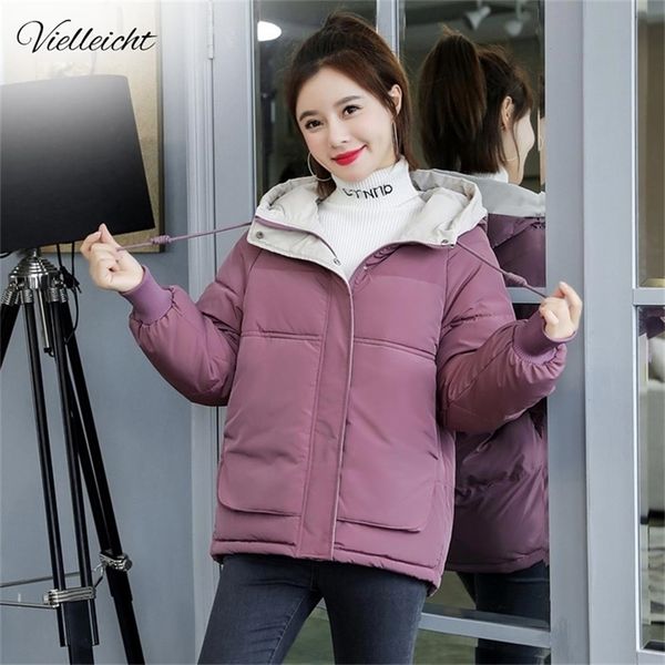 

vielleicht women winter jacket loose parkas patchwork thickening warm coat hooded female down cotton-padded short jacket coat 201212, Black