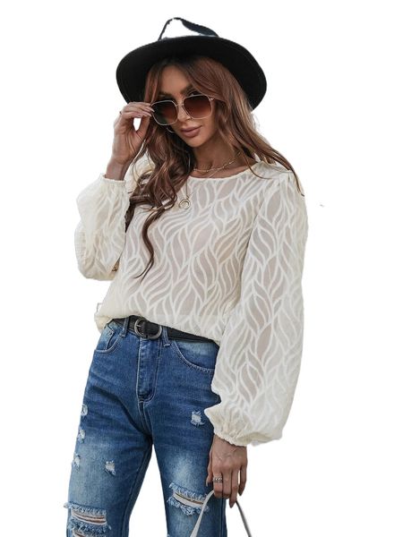 

plant pattern lantern sleeve chiffon blouse v3mp#, White