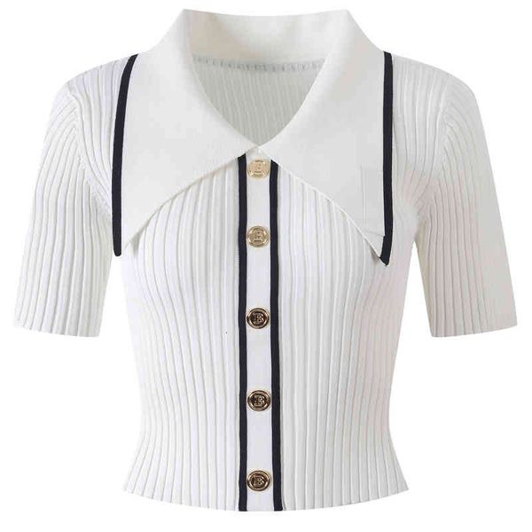 

women's sweaters summer single breasted short sleeved commuting solid color lapel letter embroidered multicolor sweater herz, White;black