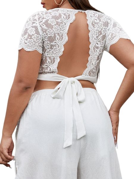 

plus tie backless contrast lace crop tee s1vp#, Black