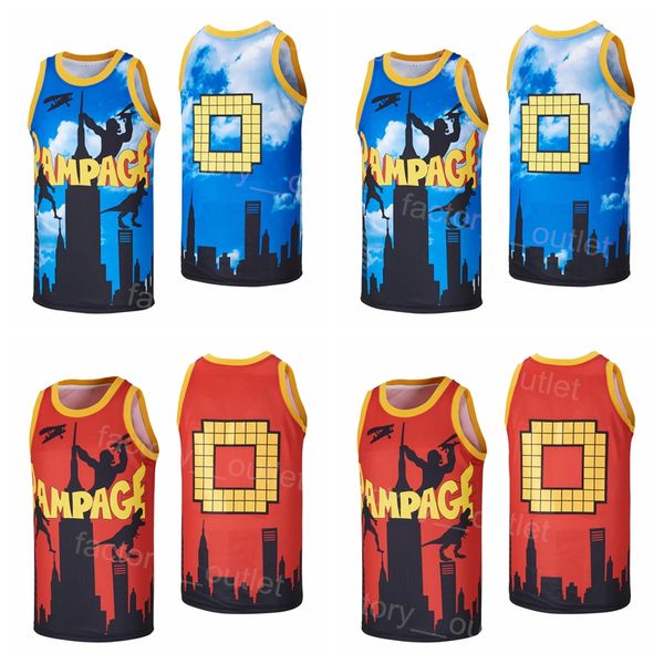 Basquete de filme Cidade retrô The Rampage Jersey Video Game Skyline Uniforme Hiphop Red Blue Team Color All Stitched Cotton Pure Breathable For Sport Fãs Hip Hop High