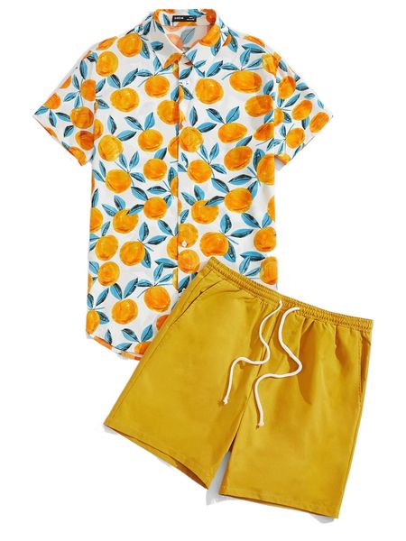 

men fruit print shirt & drawstring waist shorts t6y7#, Gray
