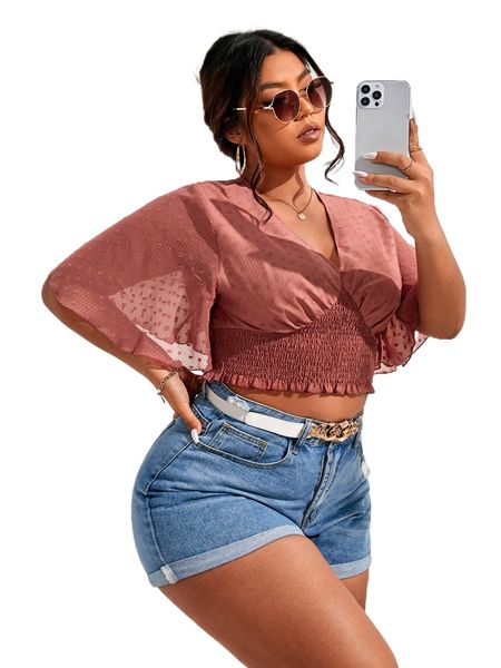 

frenchy plus swiss dot shirred crop blouse m40o#, Black