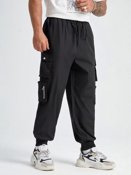 

extended sizes men drawstring waist flap pocket cargo pants n4us#, Black