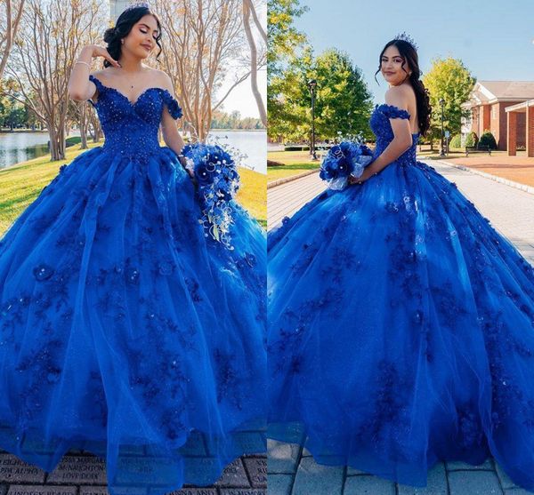 2022 Принцесса Royal Blue Sweet 16 Платья PROM Бальное платье 3D Цветы Цветы Цветочные Аппликации Бисером ОТ Плечо Цюрьковина Платье Империи Талия