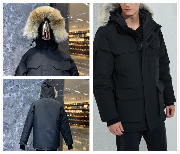 

mens winter fashion designer down jacket real wolf fur hooded thickening warm sports coat windproof waterproof parker coats men jackets slee, Black
