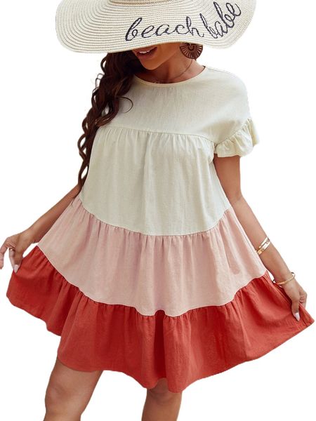 

colorblock flounce sleeve ruffle hem smock dress j6ic#, Black;gray