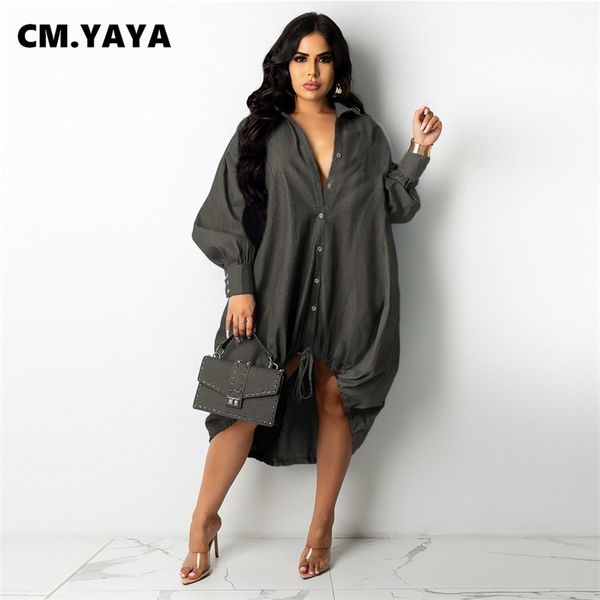 

cm.yaya women long sleeve button up drawstring hem loose blouse shirt style dress vintage ins fashion basic dresses 220516, Black;gray