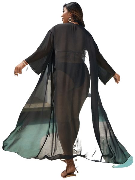 

plus drop shoulder sheer mesh kimono y7ti#, Black;gray