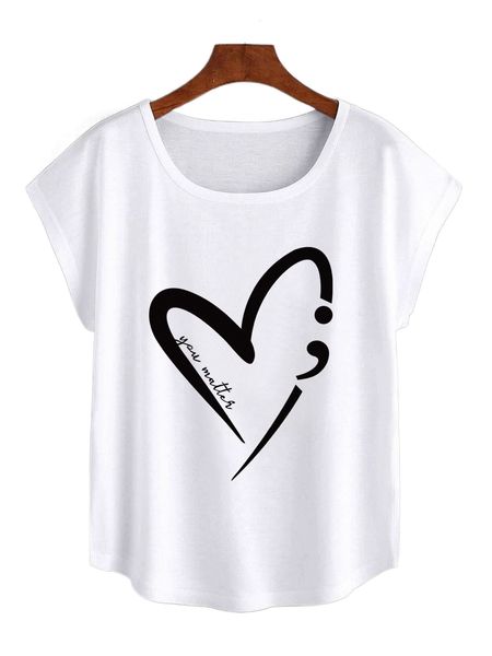 

letter & heart print batwing sleeve tee d6f8#, White
