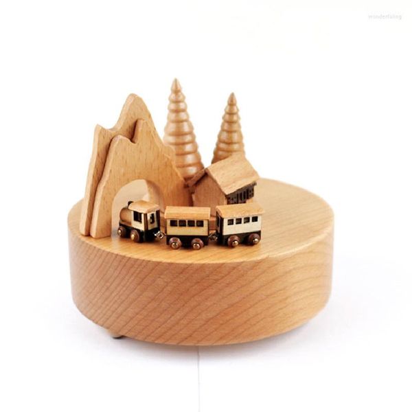 Figurine decorative Oggetti Treno della foresta di pini Carillon a orologeria Campana Oggetti artigianali in legno Decorazione della casa Regali di festaDecorativo