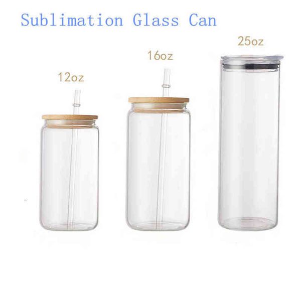 

16oz sublimation glass can with bamboo lid straw beer mugs frosted clear shaped tumblers cups heat transfer cocktail iced coffee soda
