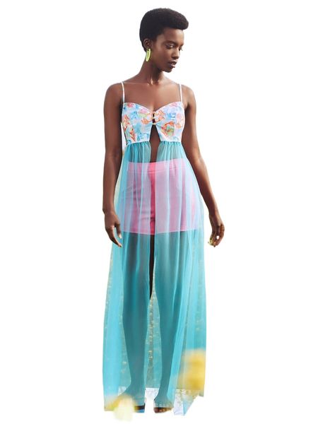 

x amof fish & floral print contrast mesh split hem cami & shorts z8ru#, White