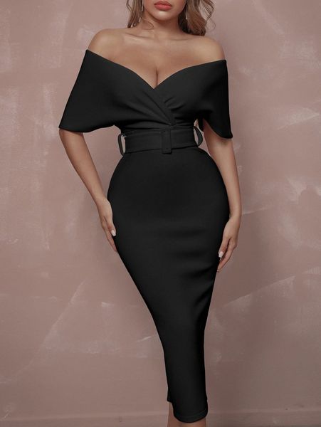 

adyce off shoulder surplice front buckle belted dress x68m#, Black;gray