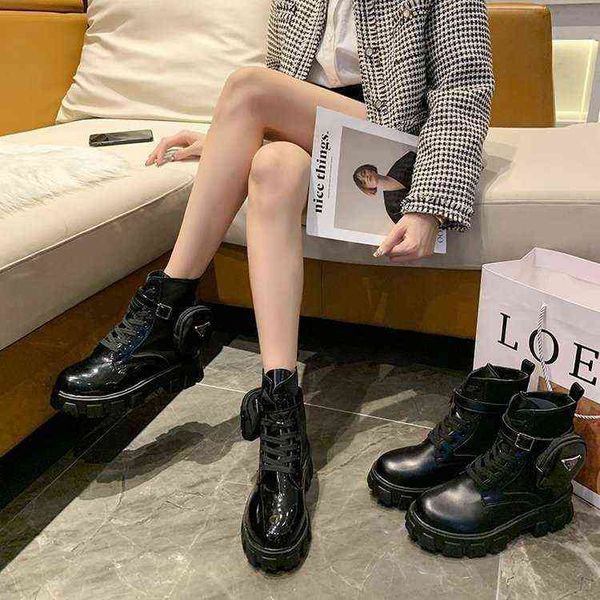 

women boots straight pocket martin boot 's english style buckle strap autumn winter muffin wallet thick soled women's 0709, Black