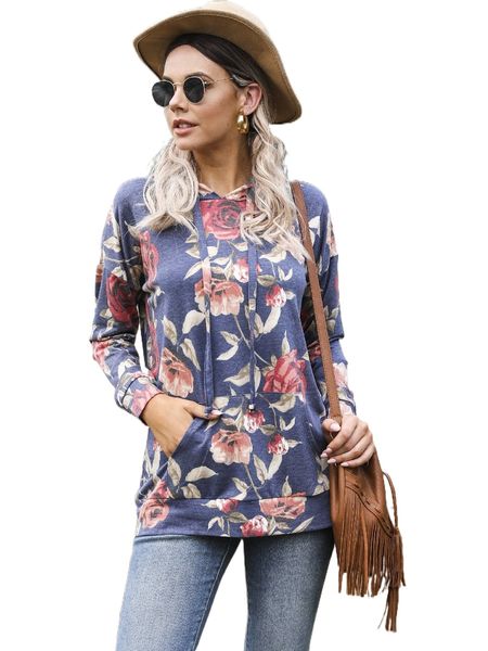 

dearcase kangaroo pocket floral print drawstring hoodie k2fr#, Black