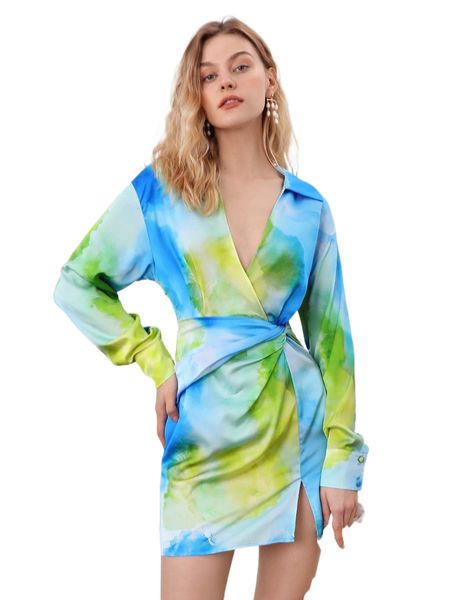 

tie dye wrap hem dress 54az#, Black;gray