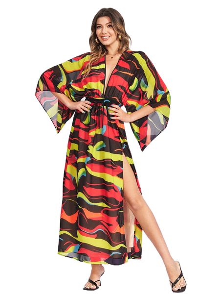 

x christian allana allover print dolman sleeve plunging neck drawstring waist slit thigh dress i26u#, Black;gray