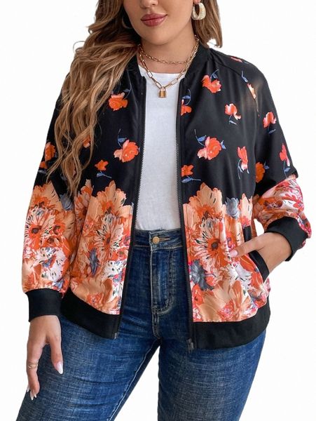 

plus floral print zip up bomber jacket f5mf#, Black