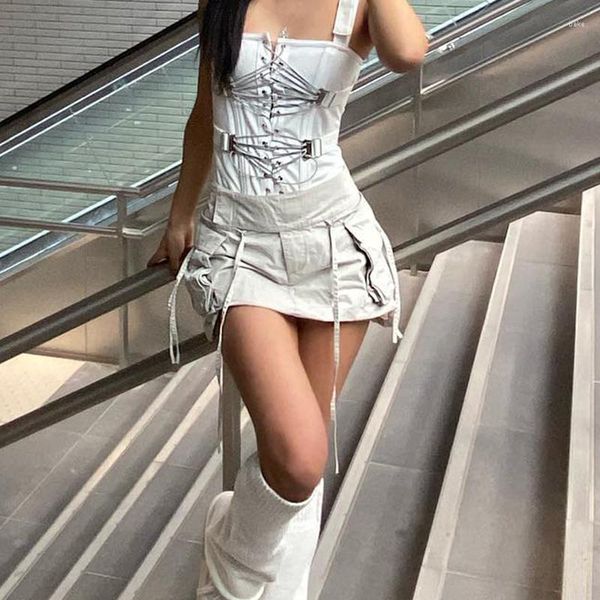 Юбки летняя хараджуку уличная одежда одежда мода Женские ретро -эстетика y2k -повязки грузовые карманы милые юбки