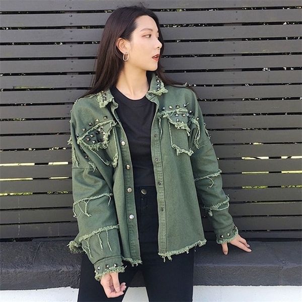 

korean style looser long sleeve vintage denim clothing new jackets jacket women single breasted rivet jacket denim jackets t200319, Black;brown