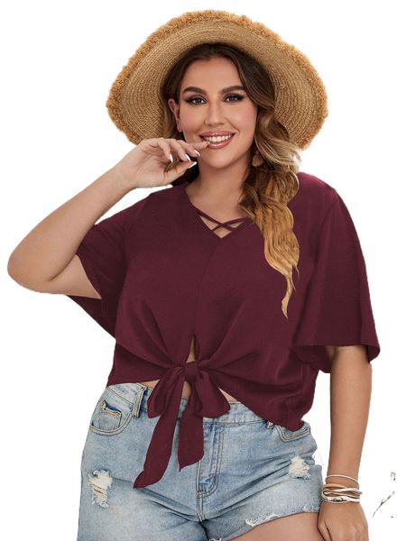 

plus solid knot criss cross blouse t6tm#, Black