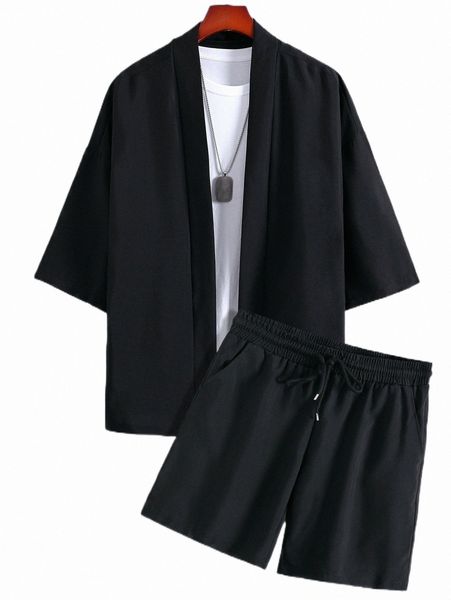 

men drop shoulder kimono & drawstring waist shorts without tee j1oo#, Gray