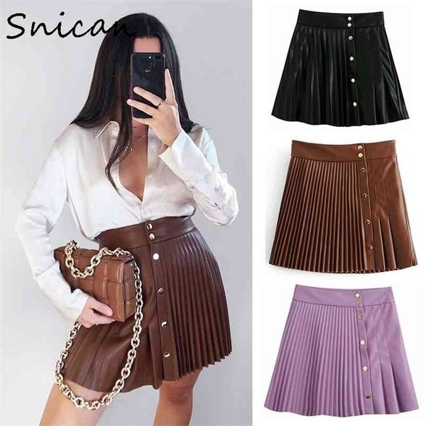 

snican solid pu leather skirt high waist buttons mini pleated skirt asymmetrical fashion faldas cortas za women autumn 210325, Black
