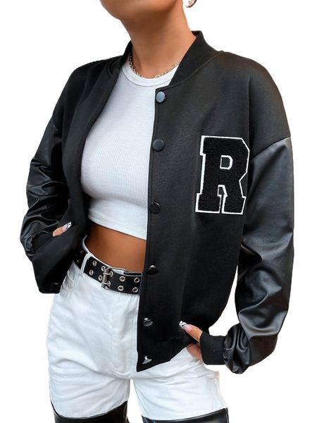 

letter patched drop shoulder bomber jacket r0ju#, Black;brown