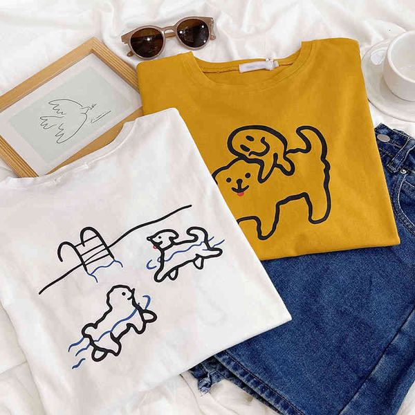 

women's t-shirt 2022 self made white ginger yellow front shoulder cute swimming pool dog simple stroke print versatile short sleeve t-s