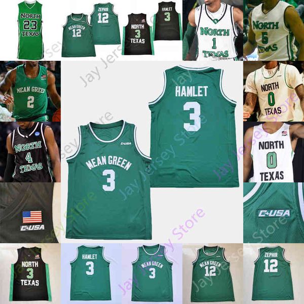 

2022 custom north texas mean green basketball jersey ncaa college 3 javion hamlet 1 umoja gibson zachary simmons 0 james reese 23 deng geu, Black