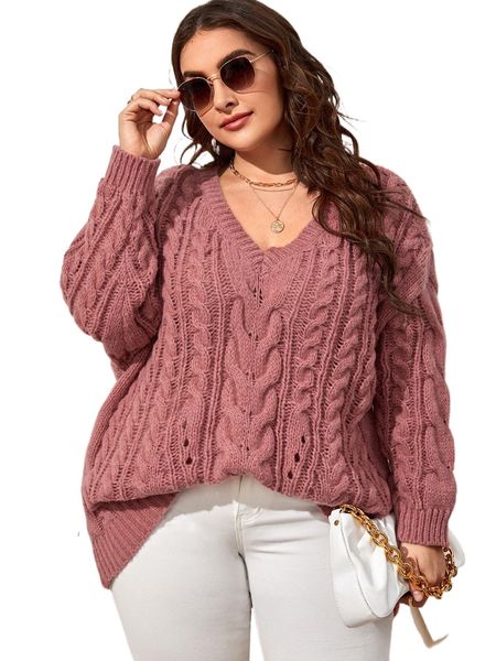 

plus drop shoulder cable knit sweater t6i4#, Black