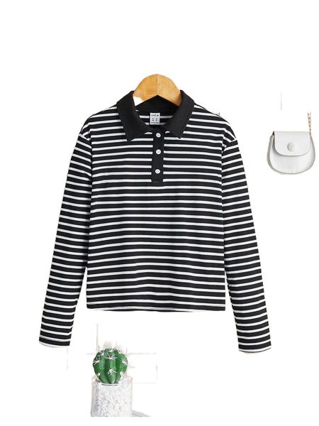 

girls striped polo neck tee o1pj#, Black;white