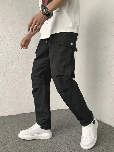 

men flap pocket drawstring waist pants l8wl#, Black