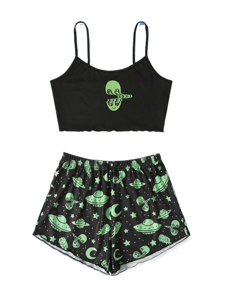 

romwe x carolina marquez street life alien cartoon graphic pj set 65r4#, Black;red