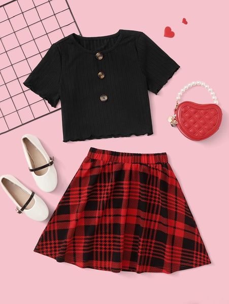 

girl's fake button fungus edge t-shirt and plaid skirt she, White