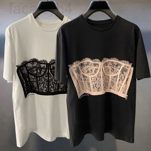 

women's t-shirt designer [ ]aw king round neck female xia mingyuan style three-dimensional lace bra front and back printed short sleeve, White