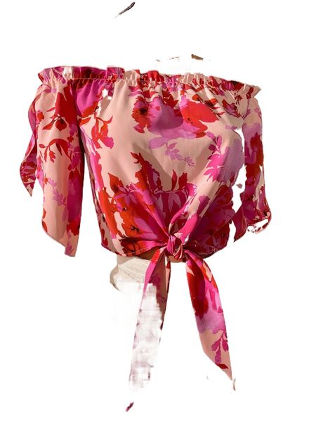 

floral print off shoulder petal sleeve knot hem blouse c8id#, White
