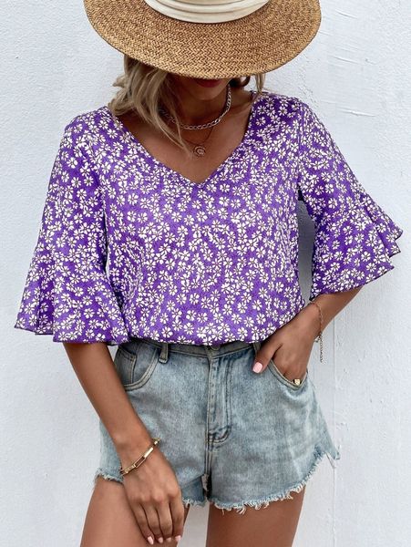 

ditsy floral flounce sleeve blouse 86ew#, White